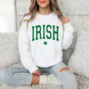 Irish Shamrock Varsity Graphic Sweatshirt St Patricks Day Oversized Crewneck Long Sleeve Pullover Vintage Collegiate Style Casual Spring Top For Men And Women