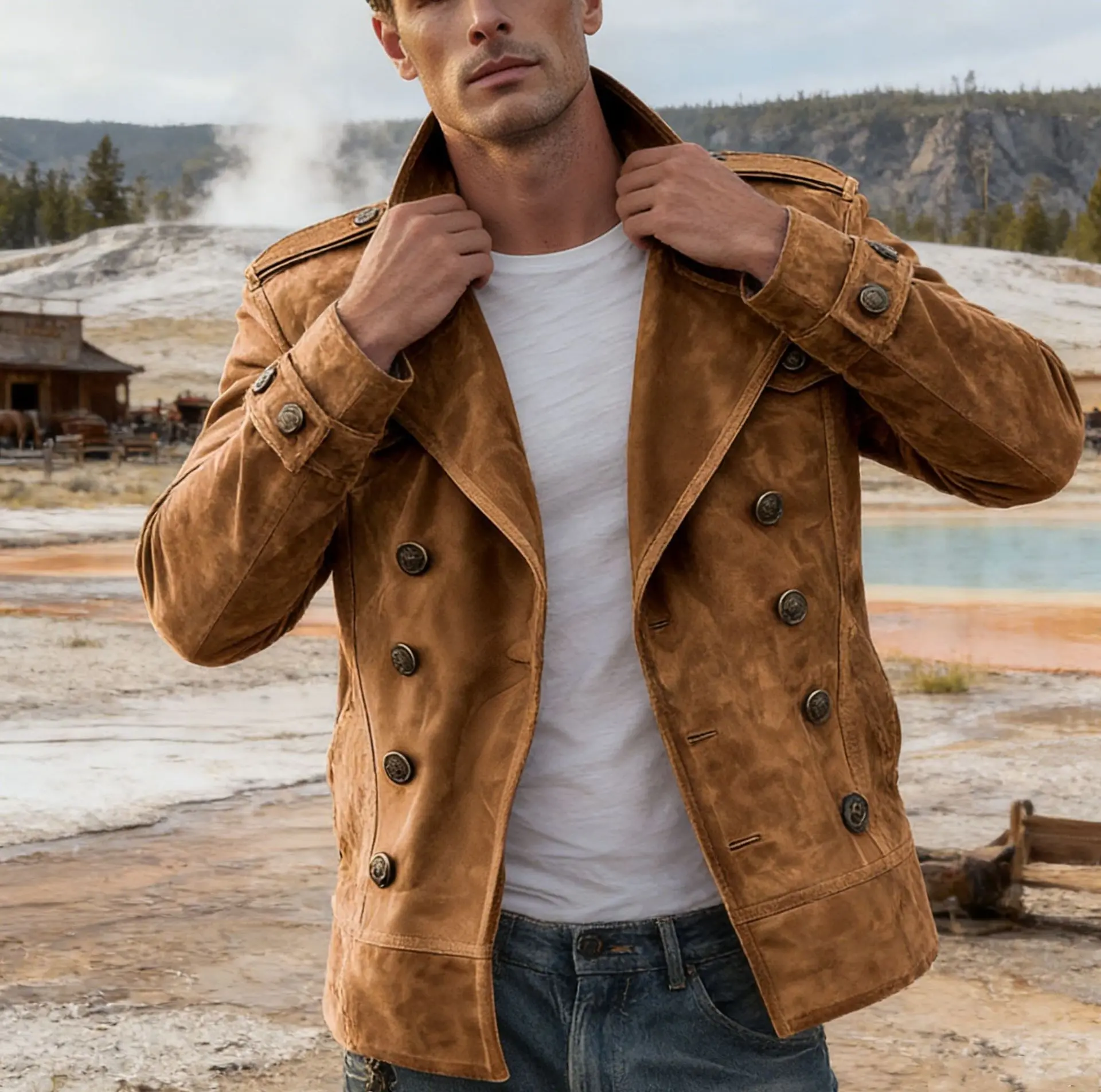 Men’s winter vintage washed distressed faux leather jacket with double-breasted design and turn-down collar; Western cowboy motorcycle jacket; casual outdoor streetwear outerwear; vintage washed double-breasted motorcycle jacket; men’s Western cowboy faux