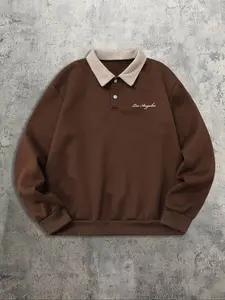 Men's Fall Winter Letter Pattern Printed Half Button Fleece Warm Polo Neck Sweatshirt, Casual Versatile Pullover Top