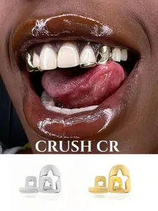 CRUSH CR 18K Gold Plated Star Hollow-Out Dual Tooth Grillz Tooth Gems, Gold/Silver Options with Irregular Contours, Perfect for Y2K Aesthetic Outfits, Brunch Dates and Daily School/Work Looks, Ideal for Gen Z Trendsetters