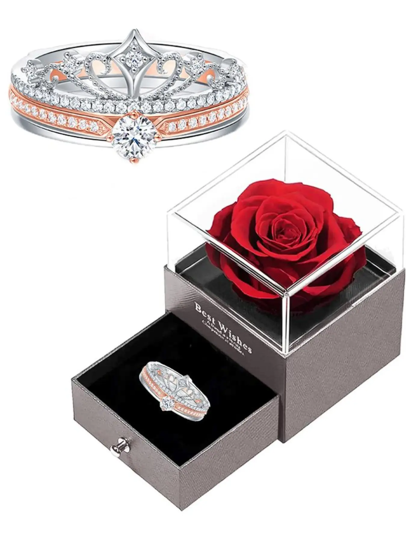 Valentine's Day Gift Firework Castle Ring, Princess Sparkling Diamond Crown Ring, Adjustable Rose Gold Two-In-One Stackable Ring, Adjustable Rings