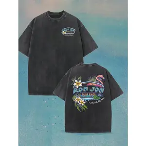 230g Heavyweight Vintage Washed Cotton T-Shirt - Tropical Flamingo & Surfboard Graphic Print, Dual-Sided Beach Carnival Design, Loose Fit Crew Neck Short Sleeve for Men & Women, Summer Surfing, Parties, Beachwear (Machine Washable)