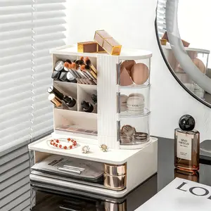 Makeup Organizer with 3 Rotating &  Drawers, Large Capacity  Storage Box with Makeup Brush Holder, Make up Organizers for , Dresser, Bathroom (White)