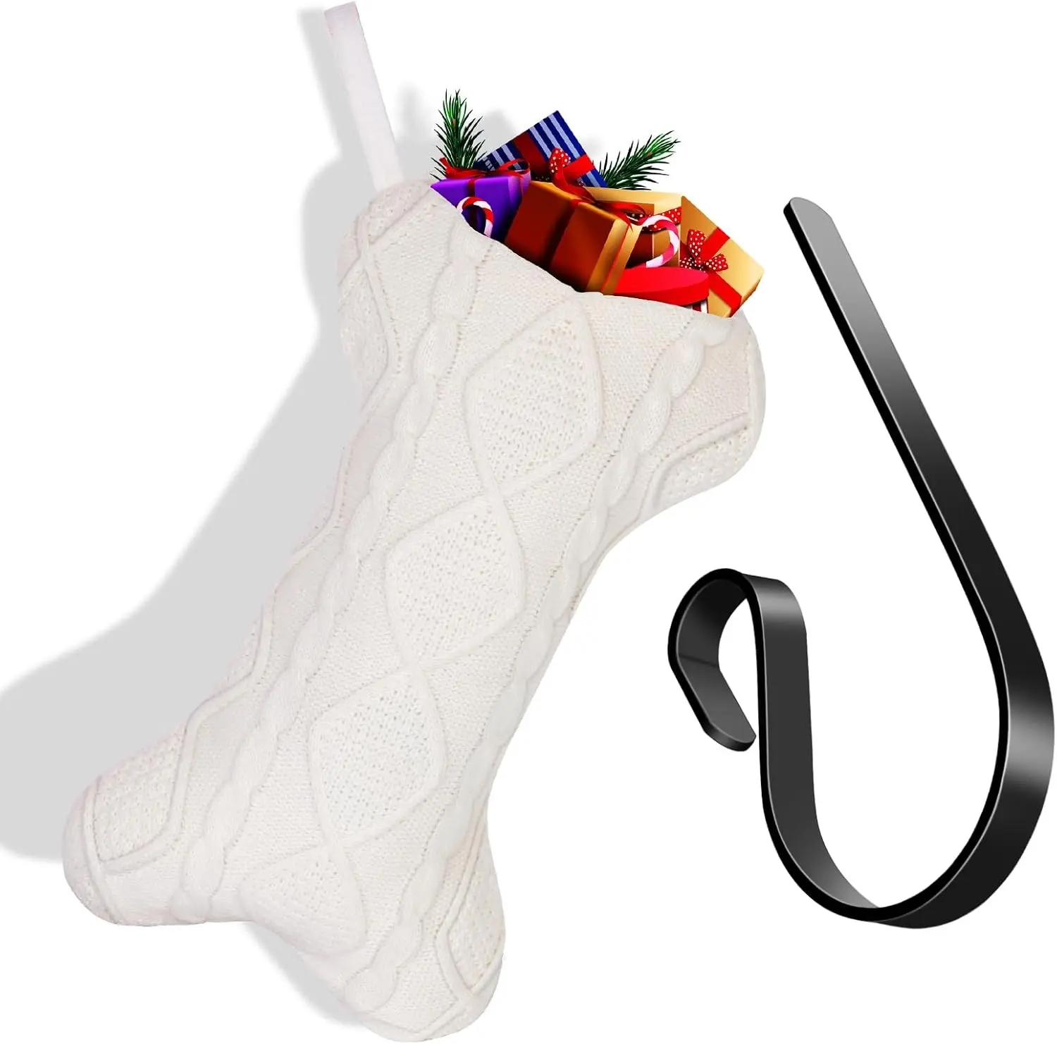 Dog Christmas Stocking with Mantle Holders, 18" Large Bone Shaped Hanging Christmas Stocking for Dogs Cats Pets