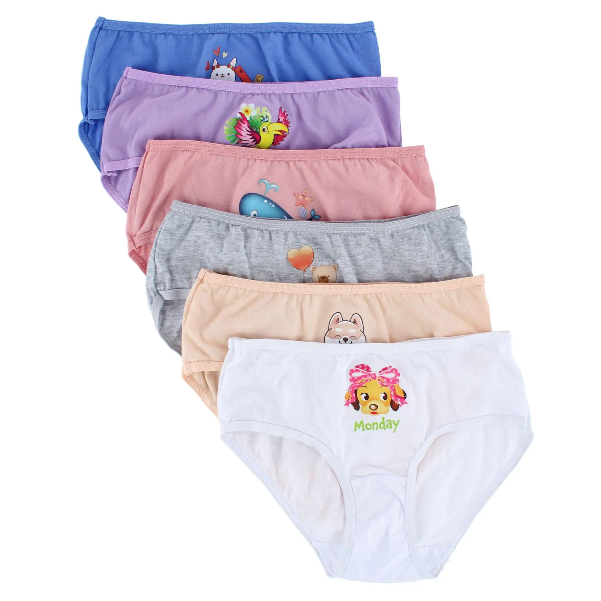 Mamia Girl's Cotton Bikini Panty, 6-Pack Days of the Week Animal Graphic, Soft Touch Mid Rise with Matching Trim, Elastic Waistband, Animal Themed Clothes, Animal Prints