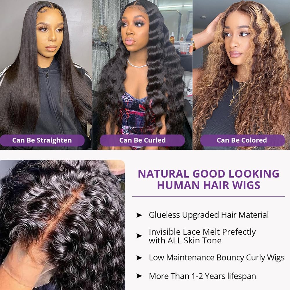 MYLOCKME Hair 180 Density 13x6 Water Wave Pre Plucked HD Transparent Lace Front Human Hair Wig 180% Water Wave Lace Wig 13x4 Deep Wave Curly Wigs For Women
