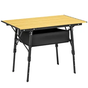 Outsunny 3ft Portable Camping Table with Storage Bag, Adjustable Height Aluminum Small Folding Table, Lightweight Picnic Table with Carry Bag for Outdoor Picnic BBQ Backyards Beach, Brown