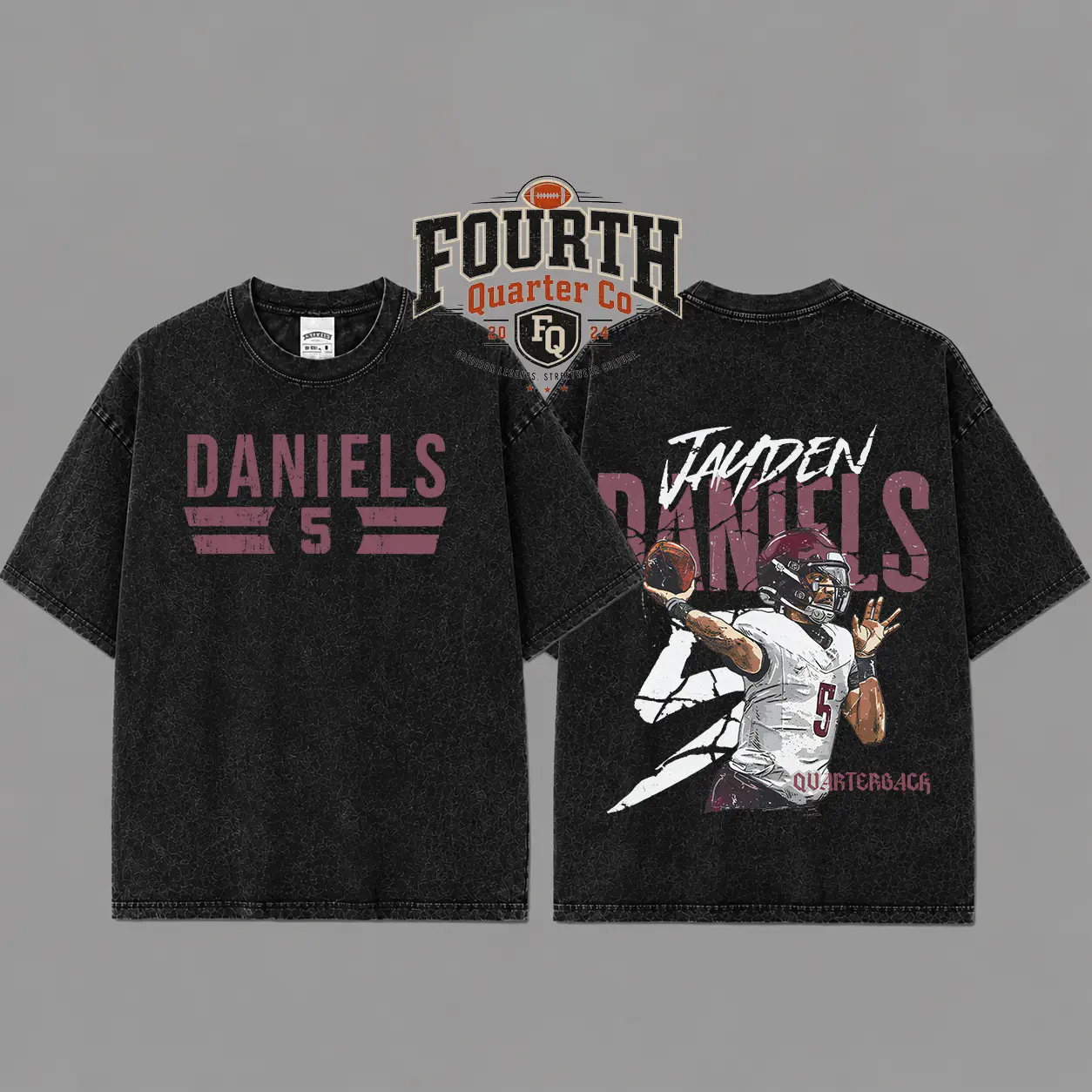 [Fourth Quarter] Jayden Daniels 5 Vintage Washed T-Shirt, Washington Commanders Graphic Tee, Game Day Shirt, Game Day Fan Gift Unisex Game Day Gift, Merch Outfit, Fan Gift, Football Gift, Retro Football Merch-style2