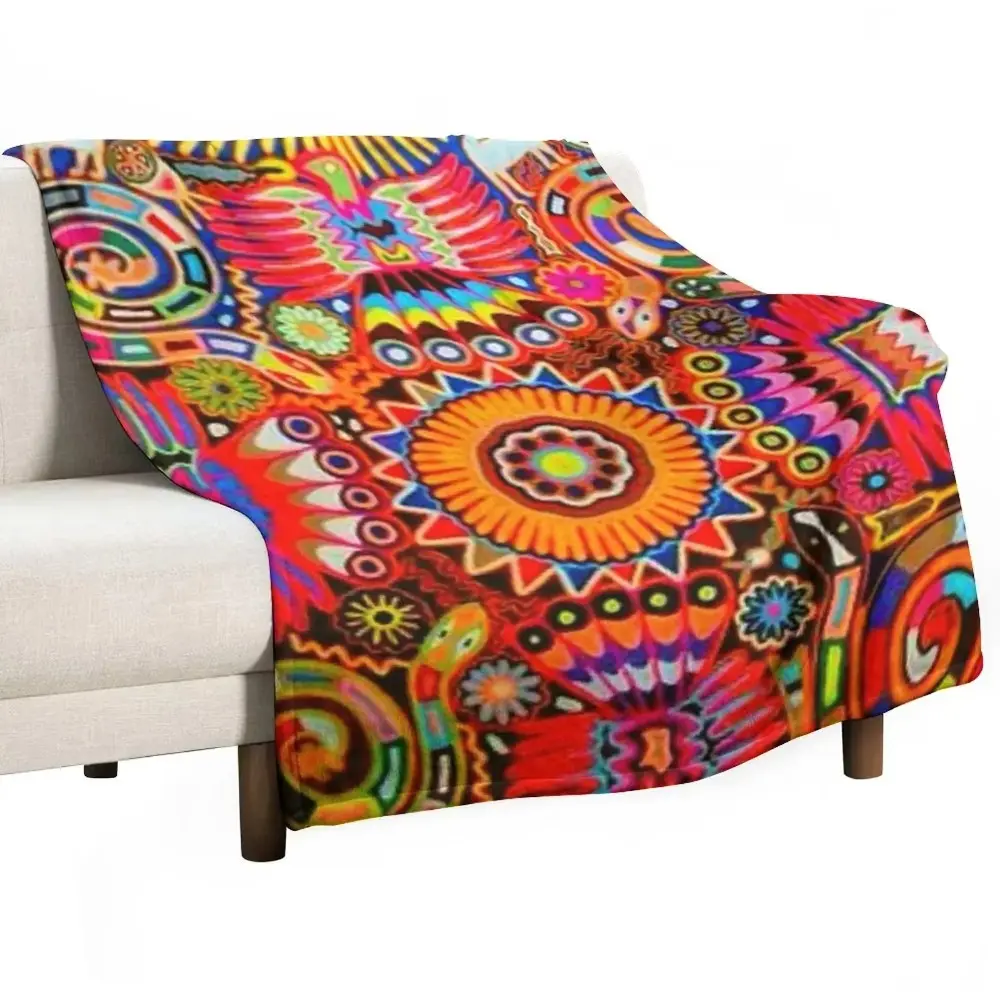 Mexican Colorful Huichol Mexican Blanket Design Large Cozy King Size Vintage Folk Art - Throw Blanket Nap Blanket
