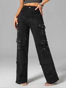 women's rhinestone decor denim jeans, fashion casual pants for daily outdoor wear, ladies bottoms for all seasons, y2k clothing, streetwear, chic womenswear