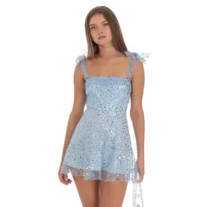 Sequin Beaded A-line Dress in Sky Blue