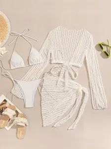 2026 New Fashion Swimsuit Set, Adjustable Four-Piece Wrap Dress Swimwear, Stylish Beachwear for Women, Solid Ruched Bikini