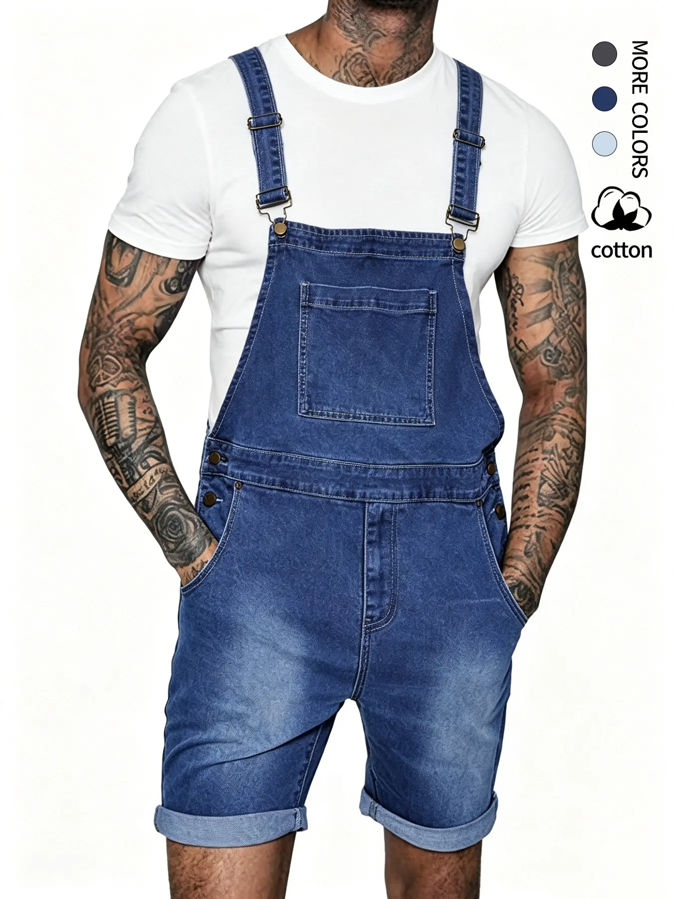 Casual fashion denim jean men's casual high waist jeans with suspenders, overalls with pockets, featuring hem and strap details, fashionable jeans shorts, slim-fitting cut, comfortable jeans, stylish menswear, suitable for daily wear
