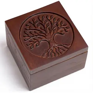 Hand-Carved Tree of Life Wooden Jewelry Box – Keepsake Box, Decorative Gift for & Men, Natural Wood Finish
