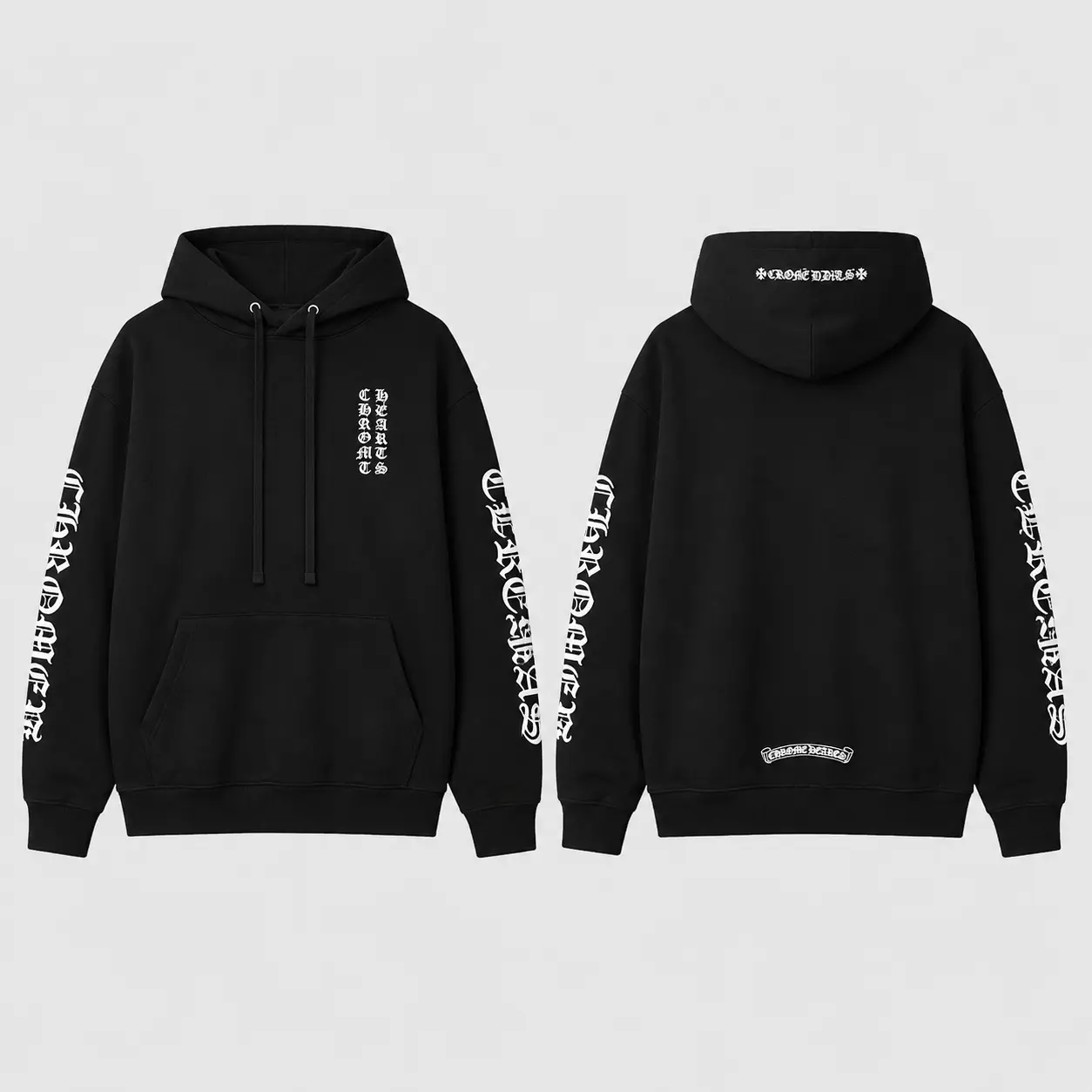 Chrome Hearts Old English Sleeve Graphic Hoodie, Gothic Logo Pullover Sweatshirt, Y2K Luxury Streetwear Hooded Top