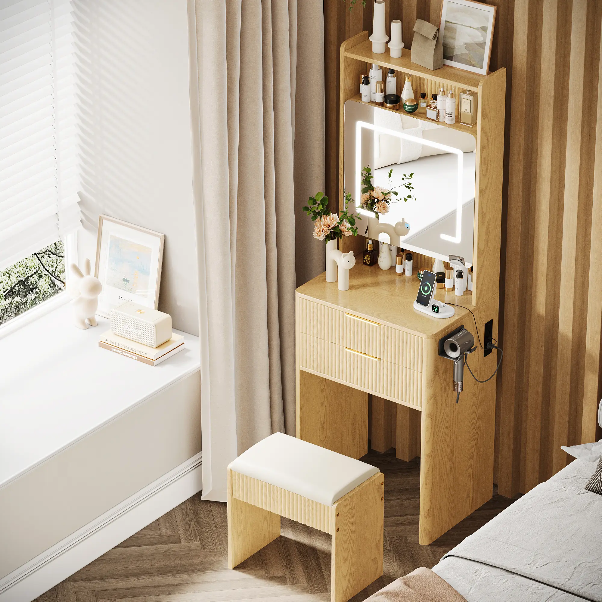 dress in black song solid Wood Makeup Table Simplified Black Walnut Mirror Dressing Table Small Unit Master Bedroom Storage Makeup Table 21.7x15.8x51.2 inch / 55х40х130.5 main image 0