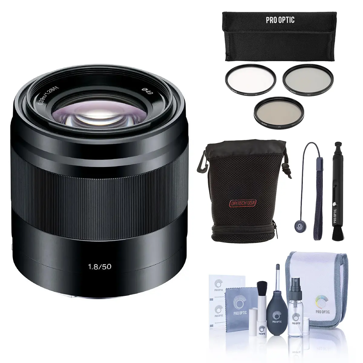 Sony E 50mm f/1.8 OSS Lens for Sony E, Black, Bundle with 49mm Filter Kit, Lens Case, Lens Cleaner, Cleaning Kit, Lens Cap Tether