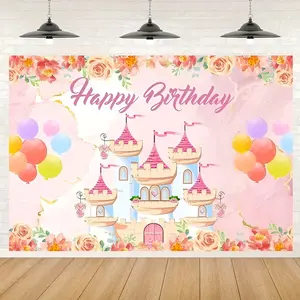 2D Flat Birthday Castle Backdrop Banner with Balloons and Flowers Design, Perfect for Indoor and Outdoor Celebrations, Ideal Cake Table Decoration for Birthdays and Anniversaries