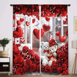 2Pcs Valentine's Day decorative curtains, romantic red rose heart balloon and teddy bear printed window drapes for living room, bedroom, photo backdrop, festival home decor home decoration curtain Semi-transparent curtains, pole pocket design