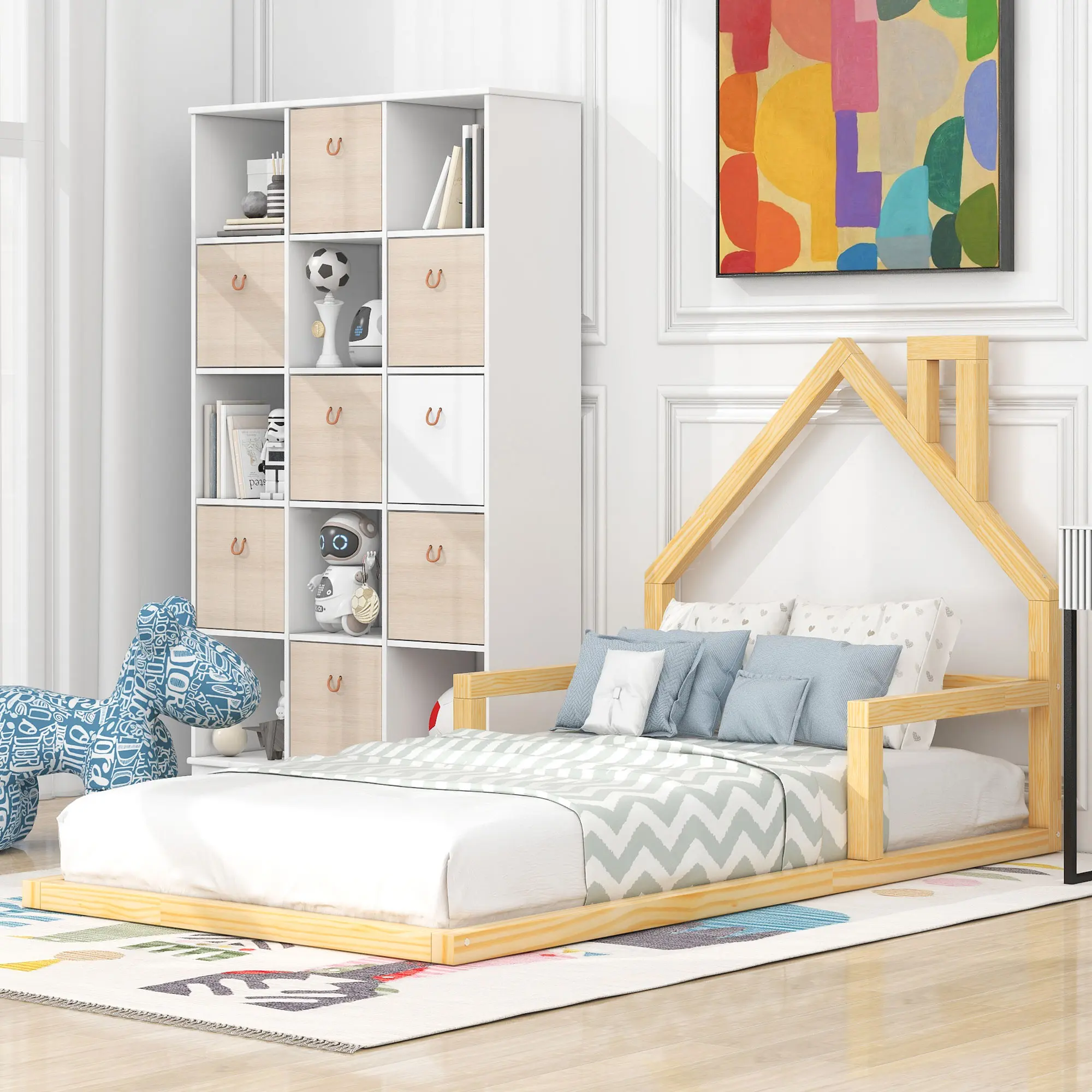 Dreamzon Single Twin Size Natural Solid Pine Wood Floor Bed with House-Shaped Headboard - Chimney Detail, Modern Indoor Furniture, Durable Playful Design, 78x41.7x39in Dimensions, Assembly Required