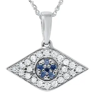 1/4ct Blue & White Diamond Evil Eye Pendant 14K White Gold W/ 18" Chain & Box