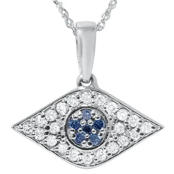 1/4ct Blue & White Diamond Evil Eye Pendant 14K White Gold W/ 18" Chain & Box