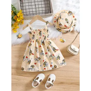 0-3 Years Old Girls Summer Bee Sleeveless Dress and Hat Two-Piece Set Cute Toddler Kids Outfit