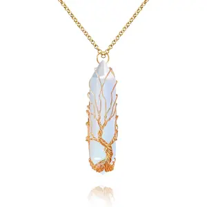 VIBILIA Healing Crystal Necklace Tree of Life Wire Wrapped Natural Stone Point Pendant Necklace Hexagonal Reiki Spiritual Quartz Gemstone Jewelry for Women Men Rotating Cross Crown Circle Pendant Necklace Style Hip Hop Chain Set