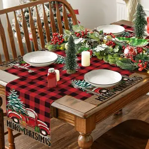 1/4/5/7pcs Christmas placemat table flag set, black and red water buffalo grid anti slip and heat-insulating table mat, retro Christmas tree pattern table flag, party and gathering table decoration placemat, Christmas restaurant kitchen decoration