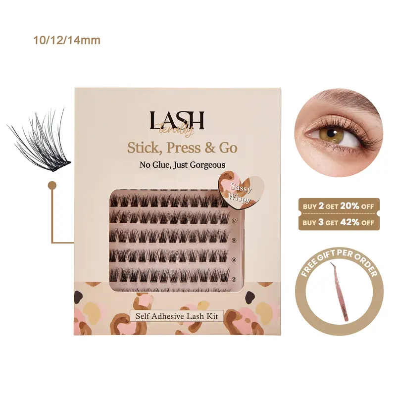 Lashterally Sassy Wispy Self-Adhesive Lash Clusters Bundle - Glue-Free DIY Lash Kit for Adults, 5D Fluffy DD Curl, 10mm/12mm/14mm Lightweight, Eyelash Extensions with Tweezer for Everyday Wear, Bigger Bright Eyes, Easy Natural Makeup