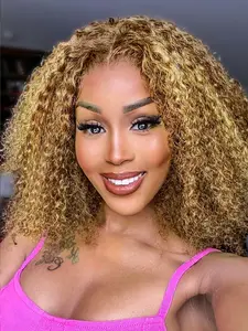 Human Hair 4x4 Lace Front Wig,12-16 Inch Women Golden And Brown P4/27 Jerry Curly Bob Wig, Pre Plucked Lace Hairline,Easy To Wear for Beginners, Beginner Friendly Wig