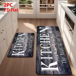 2/3pcs Soft Flannel Kitchen Mat Set, Deep Vintage Wood Grain Base, Non-Slip, Absorbent, Ideal for Kitchen, Bathroom, Laundry Room
