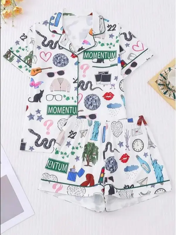 Women’s Spooky Watermelon Summer Ghost Skellie Skeleton Bat Drink Spooky Halloween Short Sleeve, Long Sleeve Satin Pajama Set