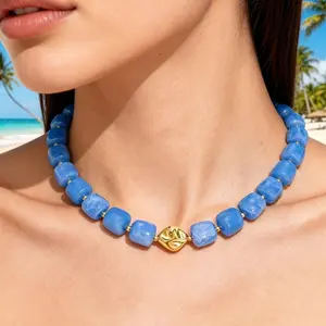 Boho Colorful Chunky Chain Necklace Blue Beaded Summer Beach Jewelry Women Accessory  for Vacation Looks