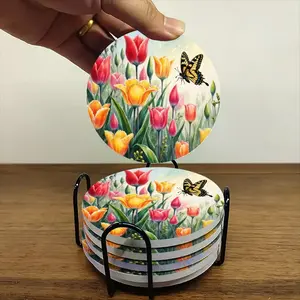 6-piece ceramic coaster/cup holder set with tulip and butterfly design. Heat-resistant, non-slip beverage mats suitable for home and restaurant table decorations. A perfect housewarming gift.