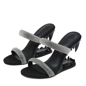 CELNEPHO Womens Morso Rhinestone Metalic Strappy Heels Round Open Toe Shark Tiger Teeth heeled Flip Flops Thong Mules Two Strap Slip-On Sandals Party Casual Wedding Fashion Dress Shoes