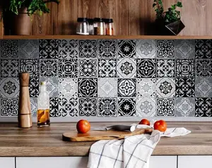 360 Stand Colorful Vinyl Wall Stickers - 24 Pcs 7x7 in Black, White & Gray Mosaic Peel & Stick Easy-Remove Removable Decorative Backsplash Home Decor for Kitchen, Room