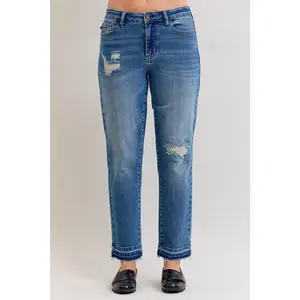Judy Blue Full Size Mid Rise Bf Patch & Repair Destroy Release Hem Jeans Plus Size Stretchy Statement Love Fashion Casual