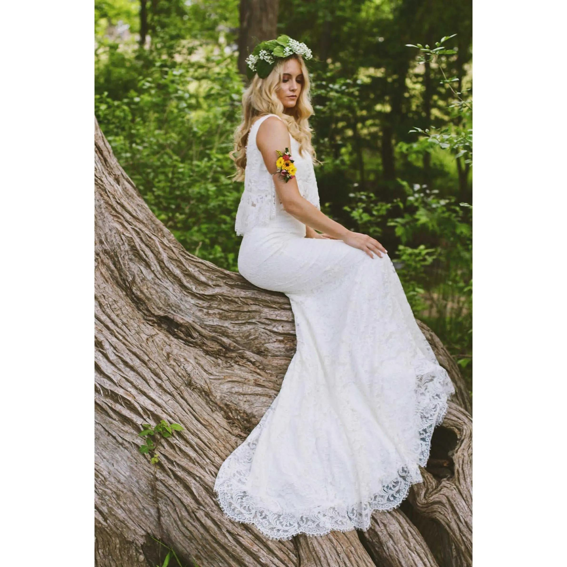Women's 2-Piece Boho Style Crepe & Lace Sleeveless Open Back Fit & Flare Wedding Gown | Hadley