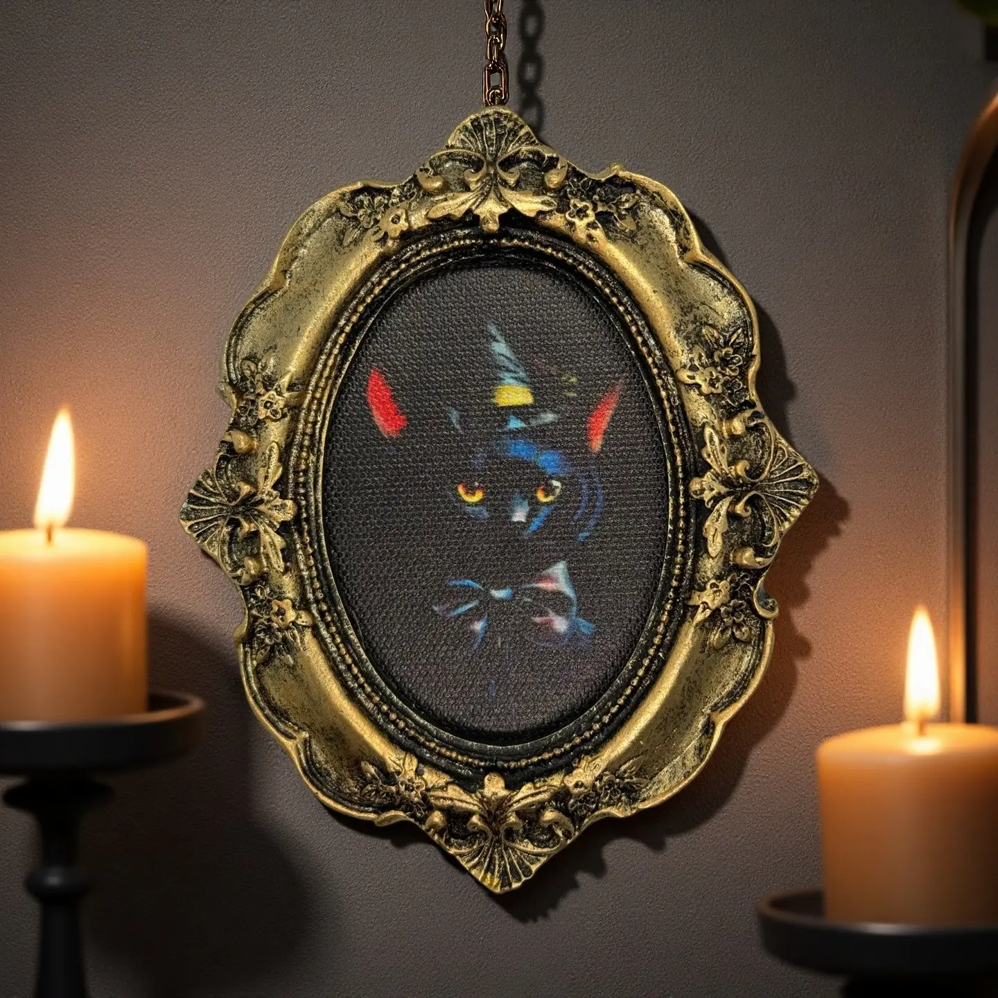 Vintage Gothic Cat Witch Art Canvas Frame, European Distressed Resin Picture Frame, Halloween Home Wall Decor