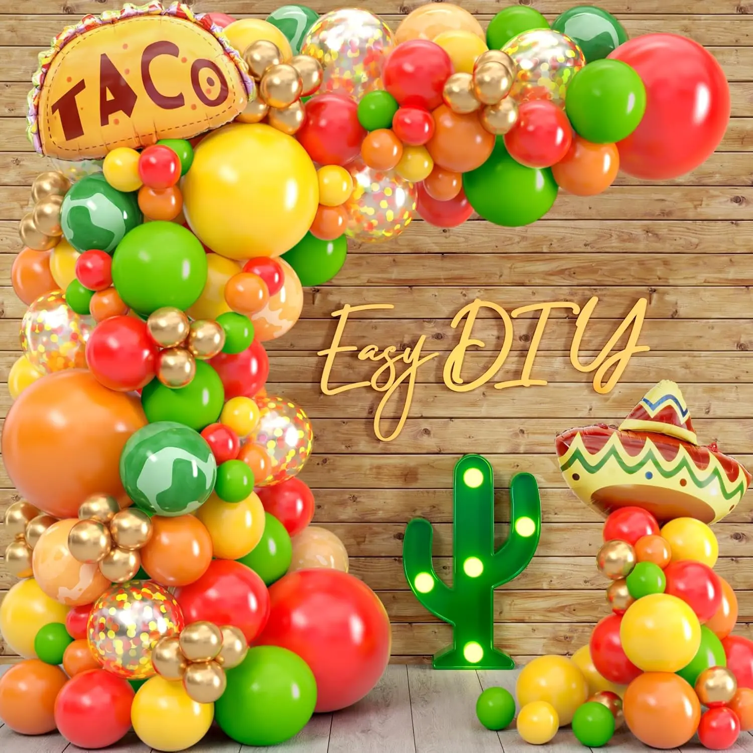 -IN-1 Mexican Balloons Arch Kit & Garland with BONUS Taco Small and Large Red Yellow Orange Green Fiesta Balloons Mexican Party ations & supplies for birthday, Cinco De Mayo