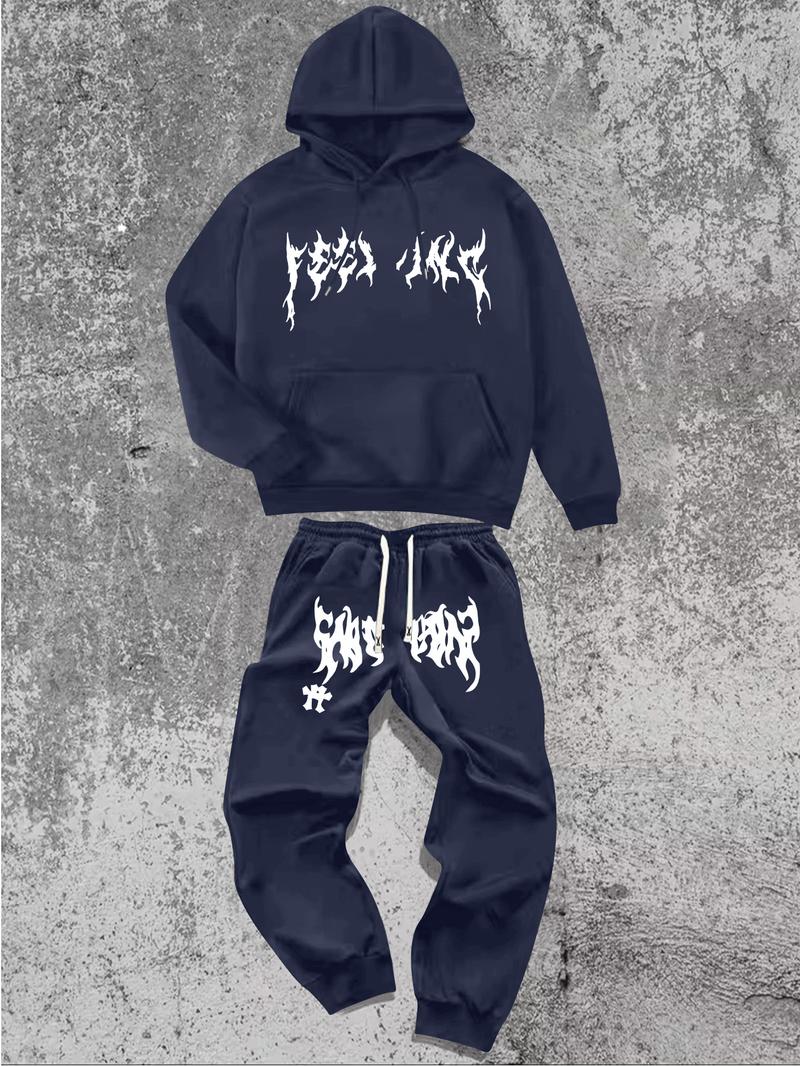 Men's Hoodie and Pants Set American Streetwear with Lightning Cross Print Stylish Casual Wear Featuring Slight Stretch and Detailed Pockets Black Trouser Longsleeves