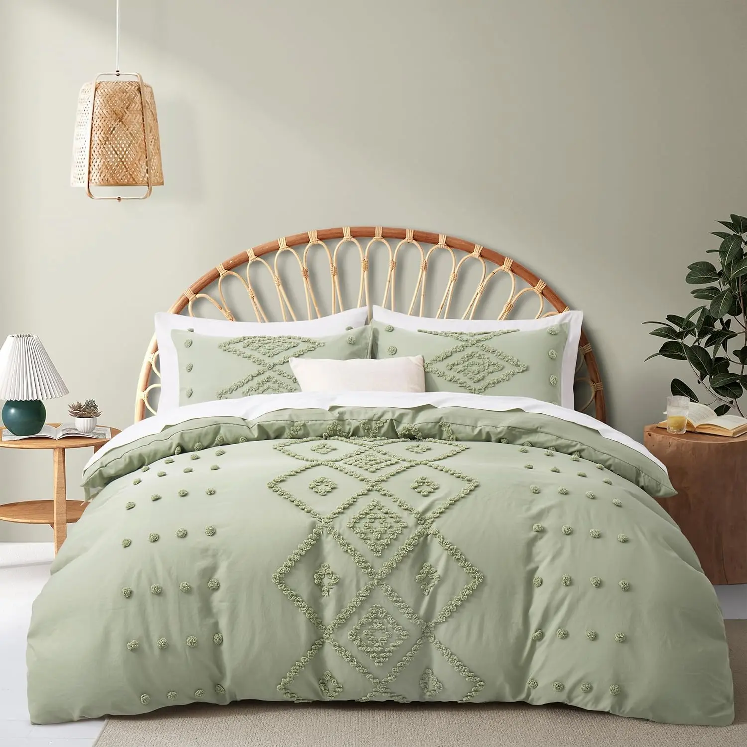 Tufted Duvet Cover  Size, Soft and Lightweight Duvet Covers Set for All Seasons, 3 count Boho Embroidery Shabby Chic Bedding Set (Mist Sage, , 90"x90")
