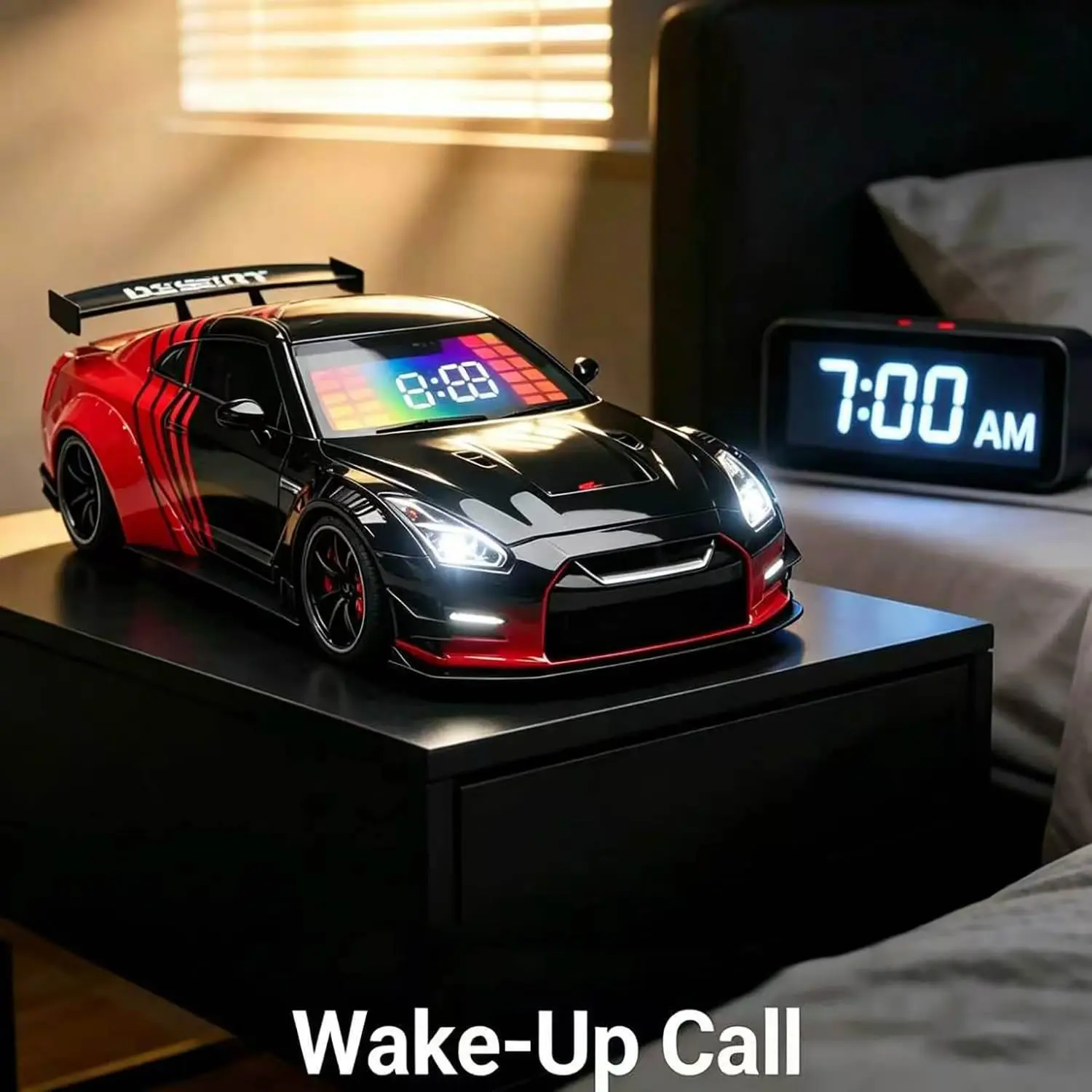 Car Alarm Clock with Realistic Engine Effects Car Alarm Clock with Clear 3-in-1 Digital Led Display Screen, Sports Car Ornament, Interior Decoration and Car Enthusiasts (Red)
