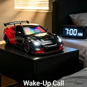 Car Alarm Clock with Realistic Engine Effects Car Alarm Clock with Clear 3-in-1 Digital Led Display Screen, Sports Car Ornament, Interior Decoration and Car Enthusiasts (Red)