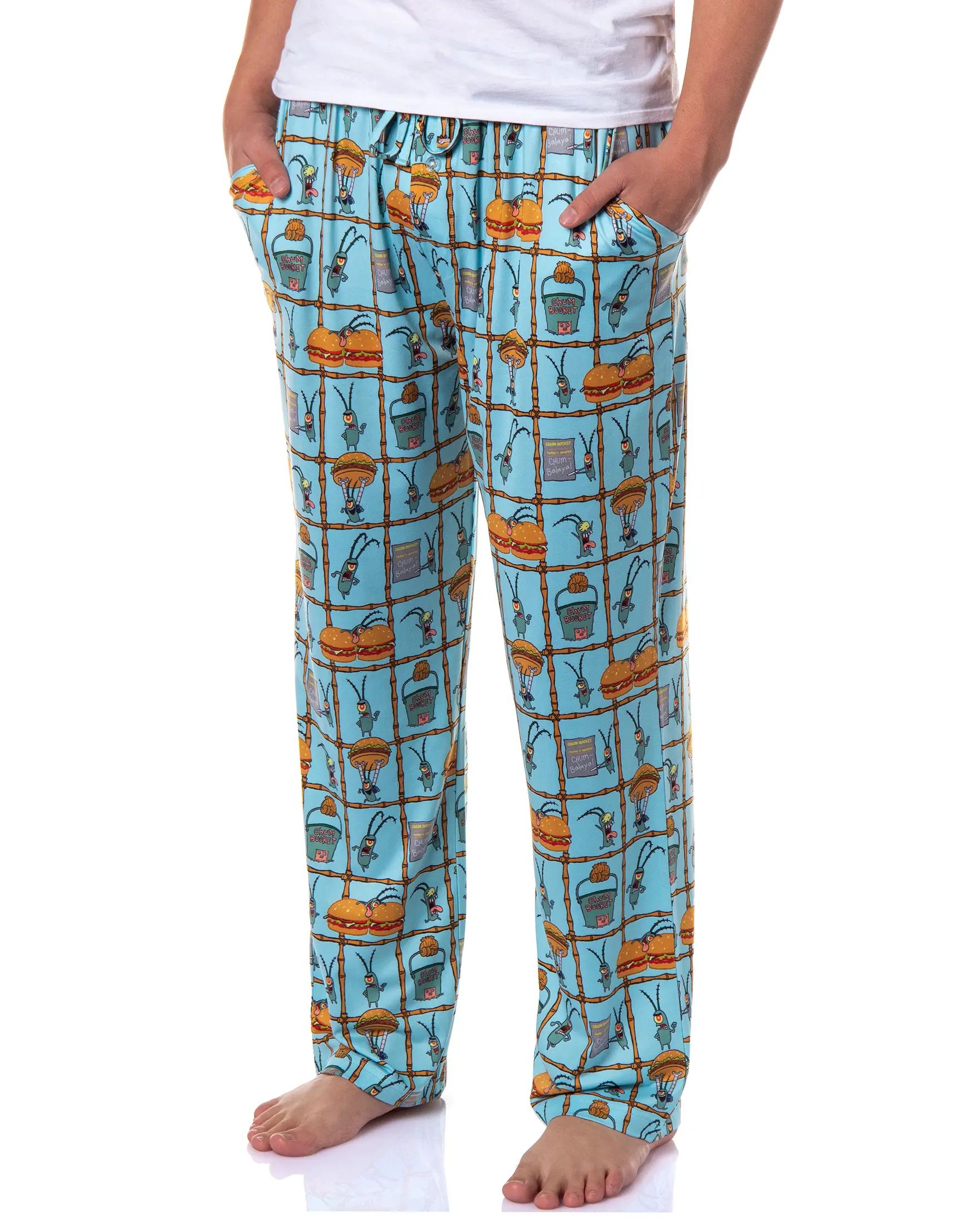 PJammy SpongeBob SquarePants Men's Character Print Chum Bucket Chum-Balaya Sleep Pants, Drawstring Waist, Full Length, Relaxed Fit Adult Loungewear