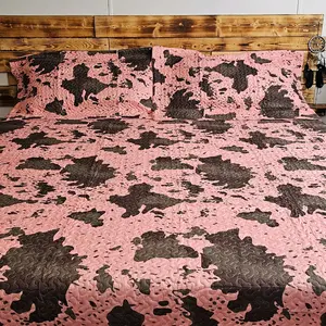 Southwest Light Pink Cowhide King Quilt Set 3 pcs Cowprint Comforter Machine Washable Bedspread & Shams