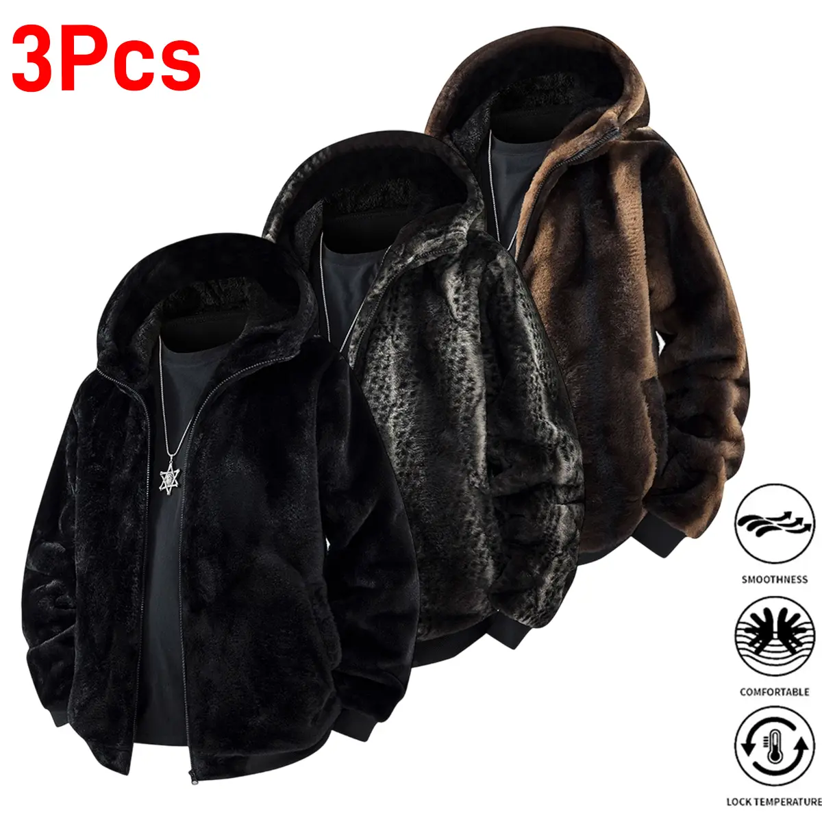 Autumn/Winter Fashion Men's Jacket 3Pcs, Full-Zip Hooded Jacket with Lining, Thickened and Warm, Solid Color with Stripe Design, Machine Washable and Durable, Comfortable and Warm for Parties, Daily Casual Wear