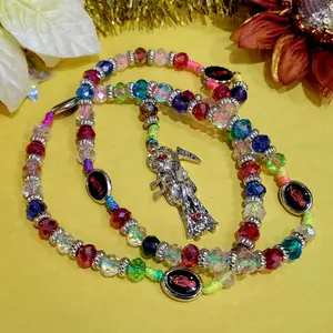 Santa Muerte Large beads crystal rosary multicolored silver tone