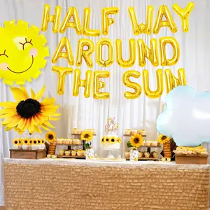 LaVenty Half Way Around the Sun Birthday Decoration Girl Rainbow Banner with Groovy Balloons Boho Half Birthday Party Backdrop Set